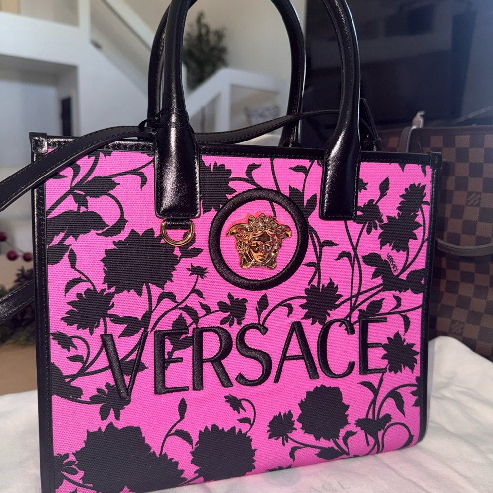 Authentic Versace Black and Pink/purple Floral Tote